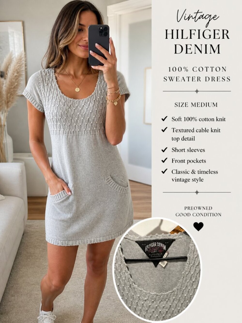 Vintage Hilfiger Denim Sweater Dress M | 100% Cotton Knit | Casual Cozy Y2K Mini